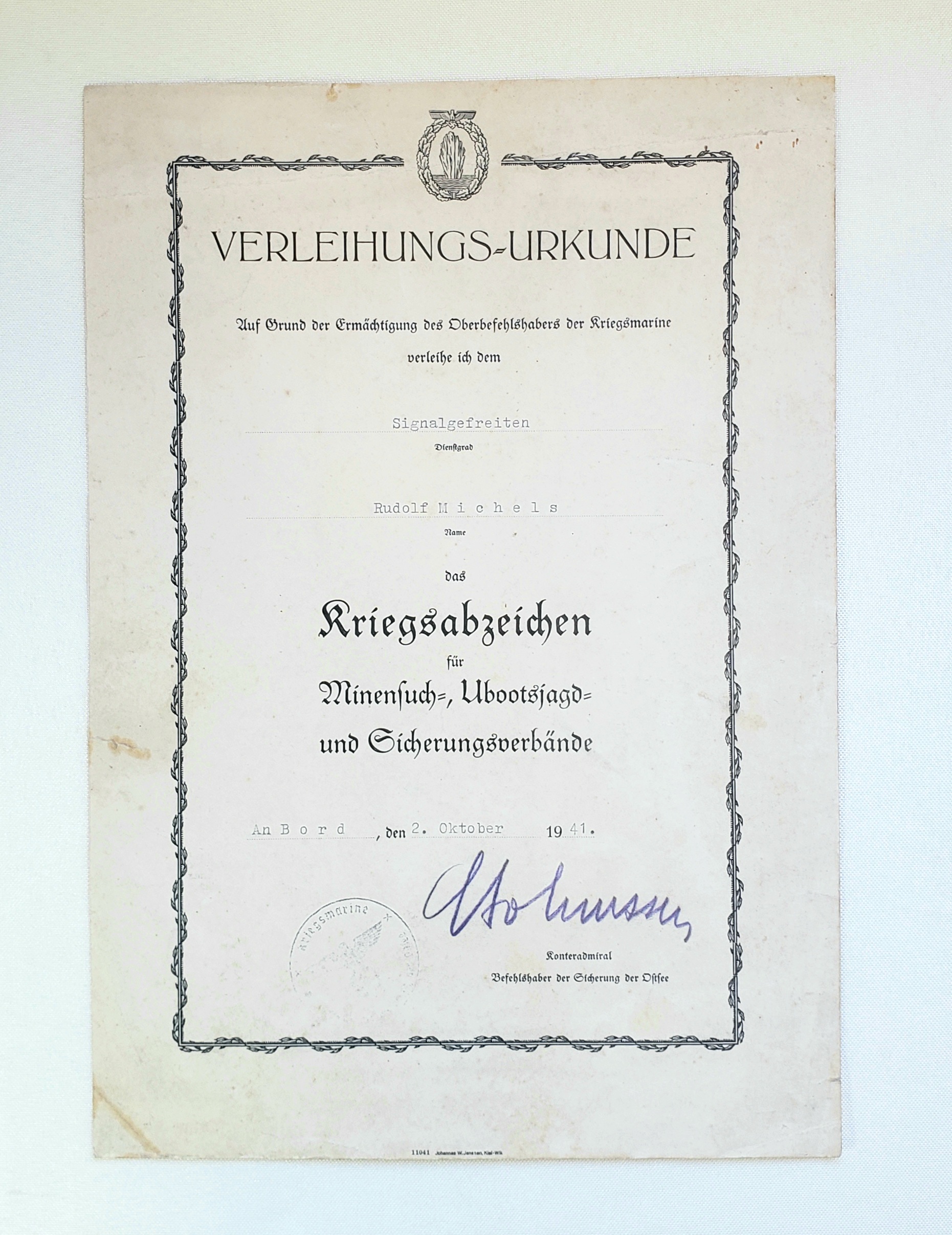 Germany, Minesweeper War Badge Document. 